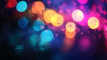 Vibrant lights blend through raindrops, creating a mesmerizing dance of colors and reflections in a dark, blurred urban ambiance. photo