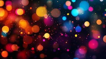 Abstract bokeh lights create a festive and magical atmosphere. Colors include red, blue, yellow, and pink, scattered against a dark backdrop. photo