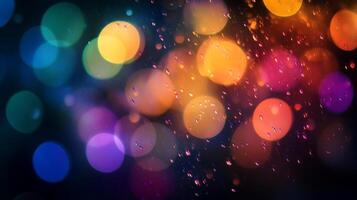 A colorful bokeh effect with vibrant circles of light overlapping against a dark background, also featuring water droplets on a surface. photo