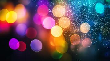 Vibrant bokeh lights dance across a dark canvas, creating a festive and celebratory atmosphere with their colorful, shimmering glow. photo