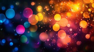 Vibrant bokeh lights create a stunning backdrop, showcasing a spectrum of colors and a playful arrangement of glowing circles, and raindrops. photo