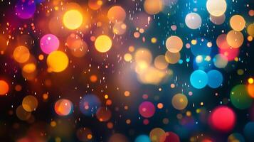 An abstract background with a blurred, out-of-focus effect showcasing vibrant multicolored lights against a dark backdrop with light streaks. photo