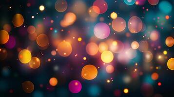 Vibrant bokeh lights create a festive, dreamy atmosphere. Shimmering multicolored circles dance against a dark backdrop. A celebration of light and color. photo