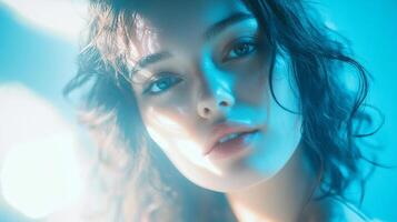 A mesmerizing portrait of a woman bathed in ethereal blue light, highlighting her natural beauty and creating a captivating, dreamy ambiance. photo