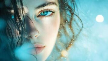 A girl's striking gaze captivates. Wet hair and glowing eyes enhance her beauty in an ethereal, dreamy scene, reminiscent of a water nymph. photo