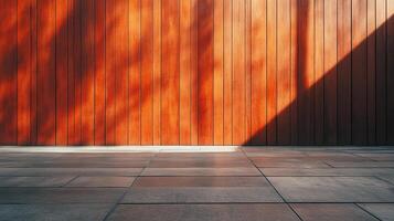 Wooden wall with vertical planks, illuminated by sunlight, creating dynamic shadows and a strong visual contrast with the stone floor. photo