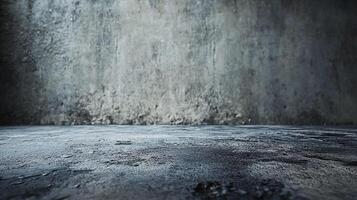 Worn concrete wall and floor create a stark scene with varying textures and subtle light play, suitable for backgrounds or creative design. photo