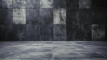 A dark, tiled background featuring a wall and floor made of large, square tiles with a textured, somewhat weathered appearance. photo