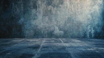 Moody atmospheric grunge concrete room backdrop, showcasing dark blue wall and floor, perfect for showcasing a product or adding depth to a scene. photo