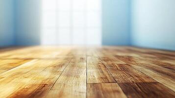 A close-up view showcases a warm, wood floor with a glossy finish in a bright room, highlighting texture and depth. Interior design element. photo