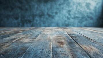 Abstract rustic wood surface against blue backdrop, with weathered texture and a sense of depth creates a visual space for creativity. photo