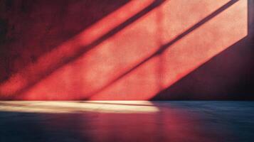 A captivating interplay of light and shadow on a red-toned wall, creating a dramatic and abstract composition. Minimalist interior scene. photo