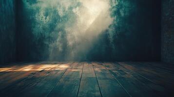 Atmospheric interior of a darkened room with light filtering through, creating a moody and evocative scene on the aged wooden floor. photo
