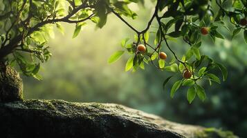 Tranquil scene of a leafy branch laden with ripening fruit, casting a gentle glow upon the rugged terrain. A natural haven of serenity. photo