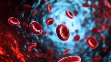 Close up of red blood cells in a blue and red background. The red blood cells are scattered throughout the image, with some closer to the foreground and others further back photo