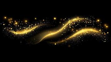 Long, curving line of gold sparkles in the dark. The sparkles are scattered throughout the image, creating a sense of movement and energy. The gold color adds a warm, inviting tone to the scene photo