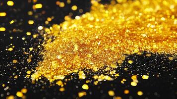 Pile of gold glitter on a black background. The glitter is scattered and shiny, creating a sense of luxury and opulence photo