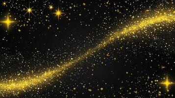 Black background with a long line of gold glitter. The glitter is scattered all over the background, creating a sense of movement and energy. The image evokes a feeling of excitement and celebration photo