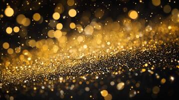 Black and gold background with a lot of glitter. The glitter is scattered all over the background, creating a sparkling effect. The image has a dreamy and ethereal quality to it photo