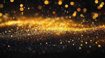 Black and gold background with a lot of sparkles. The sparkles are gold and they are scattered all over the background photo