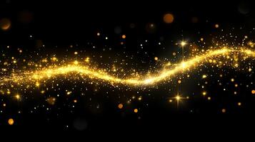 Long, curving line of gold glitter is shown in the dark background. The glitter is scattered throughout the image, creating a sense of movement and energy. Scene is one of excitement and celebration photo