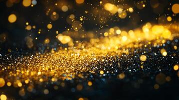 Black and gold background with a lot of glitter. The glitter is scattered all over the background, creating a sense of movement and energy photo
