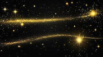 Black background with a stream of gold glitter and stars. The stars are scattered throughout the image, with some closer to the foreground and others further away photo