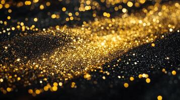 Gold and black background with a lot of glitter. The glitter is scattered all over the background, creating a sparkling effect. The image has a dreamy and ethereal quality to it photo