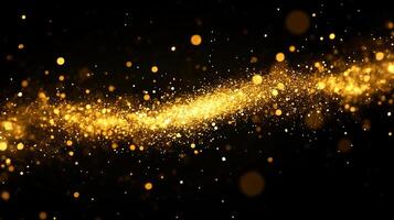 Long stream of gold glitter is shown in the image. The glitter is scattered all over the black background, creating a sense of movement and energy. The image evokes a feeling of excitement and joy photo