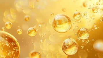 Close up of many small yellow bubbles floating in the air. The bubbles are all different sizes and are scattered throughout the image. Scene is light and playful photo