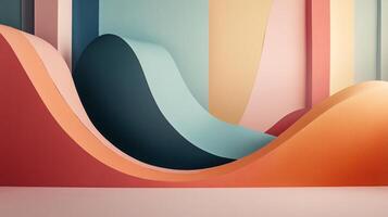 Colorful waves cascade in an abstract display, creating a vibrant, textured surface. Muted pastels and bold hues merge in a modern artistic style. photo