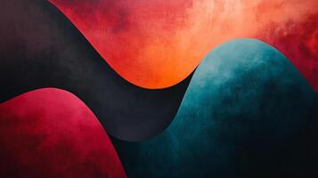 Abstract waves of red, orange, teal, and black create a modern and dynamic composition. The texture adds depth and visual interest. photo