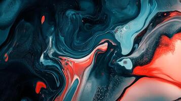 Abstract painting in a fluid, marbled style with swirling colors of teal, blue, white, and coral, creating a dynamic composition. photo