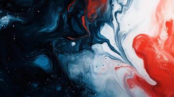 Striking fluid art with dynamic swirls of crimson, navy, and white creates a captivating abstract composition. Contrasting colors add depth. photo