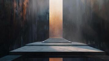 Ascending to luminescence, stark steps lead to a radiant portal, framed by textured walls and a serene reflective base. Modern, clean design. photo