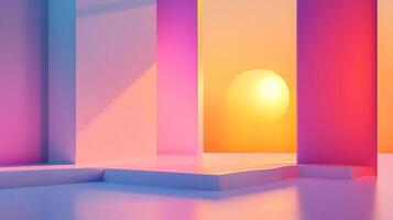 Abstract minimalist geometric design with pastel gradients and a glowing orb. Serene architectural background with light and shadow play. photo
