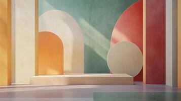 Colorful abstract geometric shapes create a visually appealing and modern platform in a minimalist aesthetic, perfect for product showcase. photo