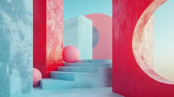 Surreal architectural scene featuring geometric shapes, vibrant colors, and a dreamlike atmosphere, showcasing a unique and modern aesthetic. photo