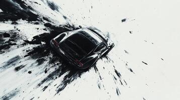A sleek sports car hurtling forward, depicted with dynamic ink splatters conveying speed and motion on a stark white backdrop. photo