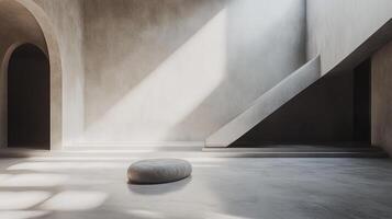 Minimalist interior with stark lighting showcasing simple stone seat and architectural details. Dramatic light contrasts create depth. photo