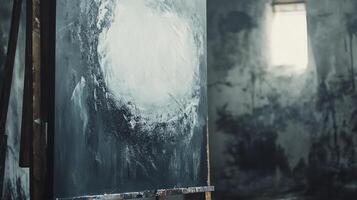 An abstract painting on an easel captures a blend of textures and a central white focal point in a dimly lit studio space. photo