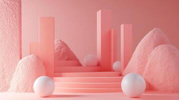 Minimalist coral scene featuring geometric solids, textured forms, and spheres on a stepped platform under soft, diffused lighting. photo