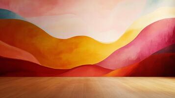 Abstract backdrop features flowing shapes in warm hues, from red and orange to yellow and pink, on an open floor, inviting creativity. photo