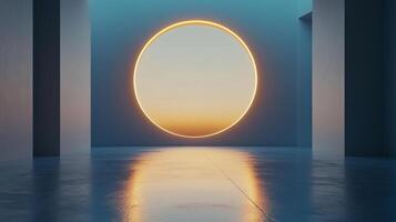 Illuminated portal to another world. Abstract space with a glowing circle. Modern architecture creates a surreal sunset effect. photo
