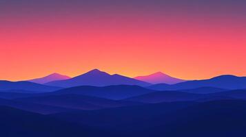 Minimalist mountain range at dawn with an orange and purple gradient sky casting shadows and highlighting the ridges and peaks. photo