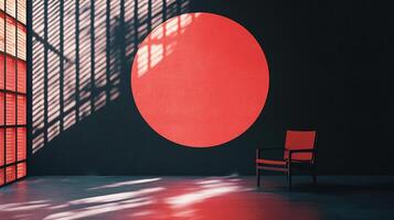 Dramatic interior featuring a vibrant red circle on a dark wall, complemented by shadows and a modern chair for a striking visual contrast. photo