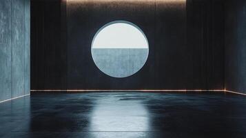 Minimalist interior featuring a large circular window with a view, smooth floor, and ambient lighting in a dim setting. Striking geometry. photo