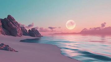 Serene beach scene with a full moon reflecting on the water and light reflecting on rocks along the beach, at dusk. Tranquil and calming. photo