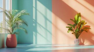 Bright interior with houseplants casting shadows on a two-tone backdrop of cool aqua and warm peach, creating a serene atmosphere. photo