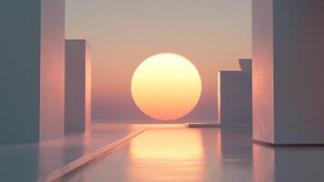 A calming, symmetrical composition featuring a large sun amidst geometric forms, bathed in the soft light of dawn or dusk. A minimalist abstract landscape photo